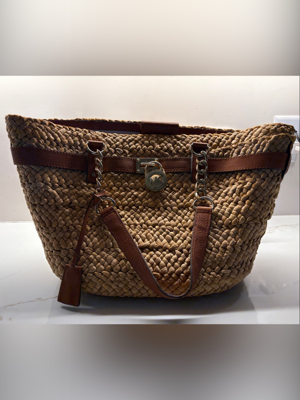 Woven Straw Tote with Brown Leather Trim